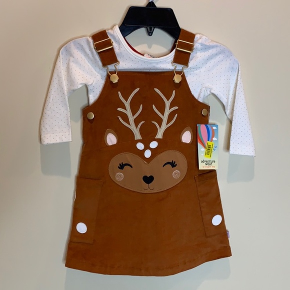 NWT...Girls woodland deer overall bib dress